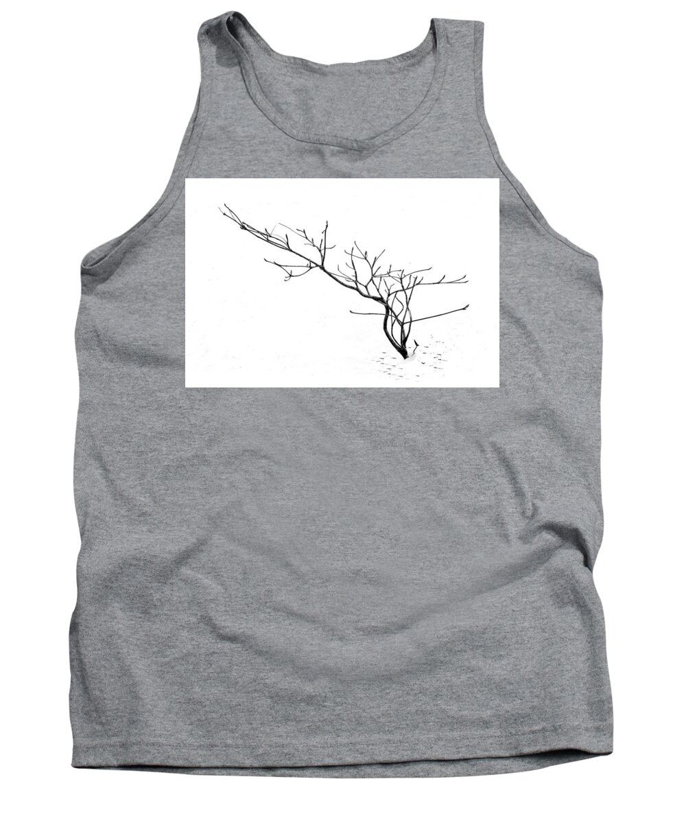 Minimalist Tank Top featuring the photograph A naked twig in the snow by Alessandra RC
