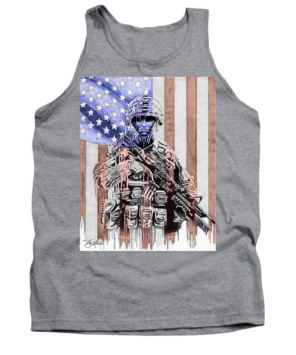 America Tank Top featuring the drawing American Soldier by Bill Richards