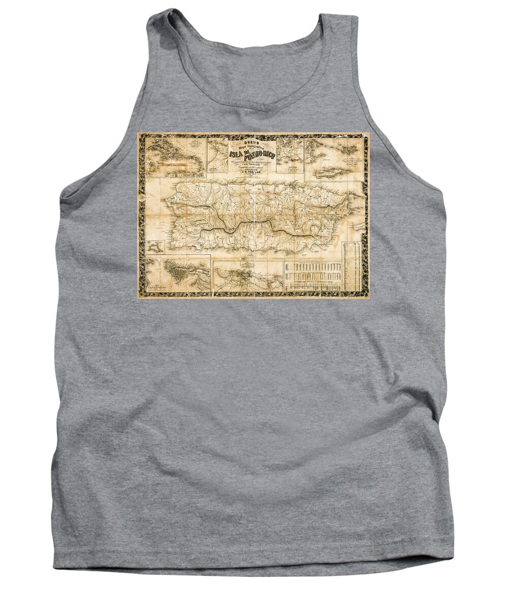 Old Map Tank Top featuring the photograph Antique topographical map of Puerto Rico 1863 while under Spanish rule. by Phil Cardamone