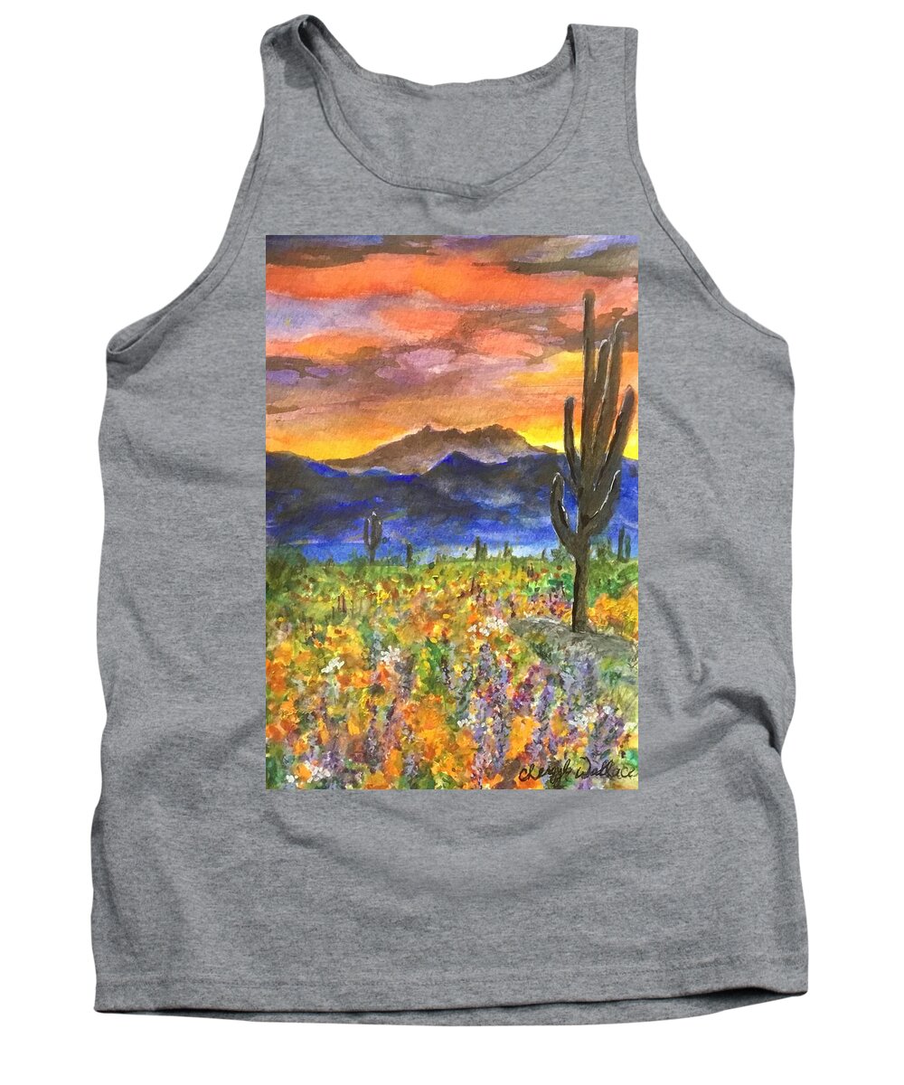 Four Peaks Tank Top featuring the painting Arizona Spring Sunrise by Cheryl Wallace