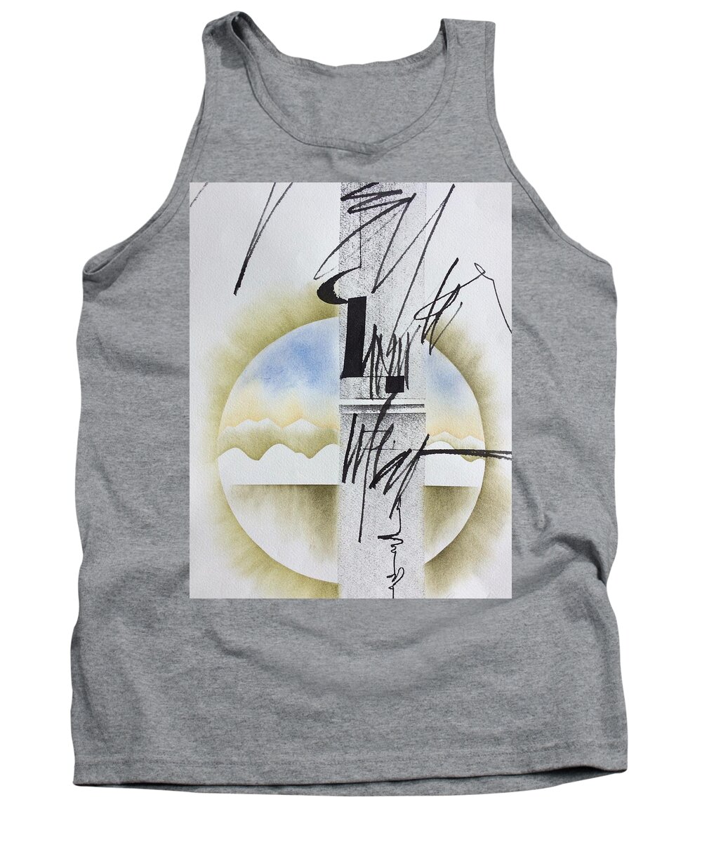 Sumi Ink Calligraphic Images; Pastel Landscape Background Tank Top featuring the drawing Bamboo 7 by Sally Penley