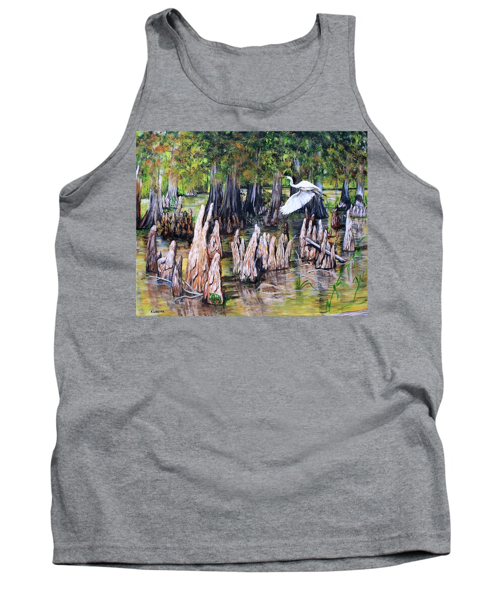 Bayou Tank Top featuring the painting Bayou With Great White Egret by Karl Wagner