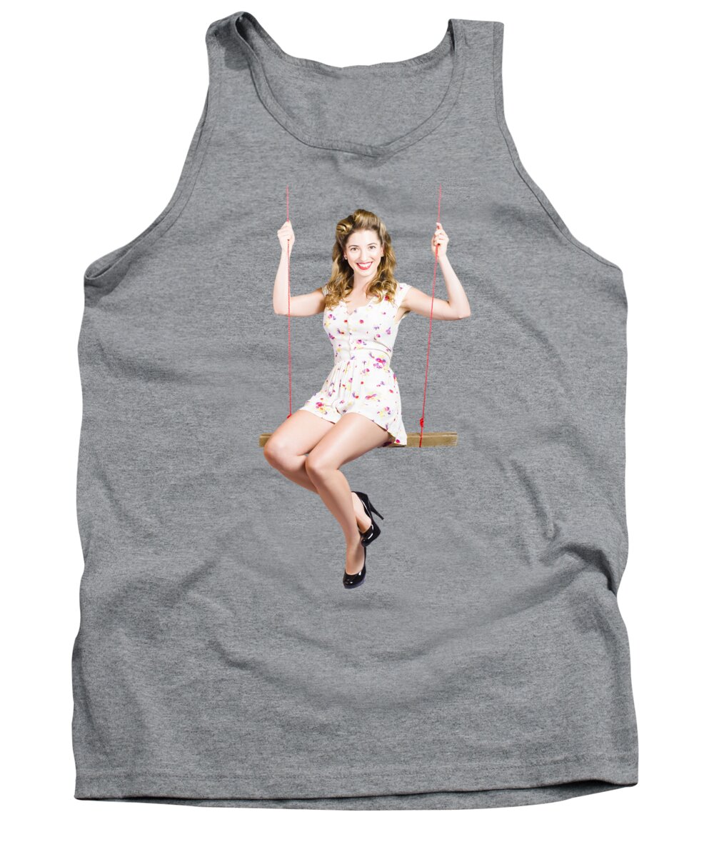 Retro Tank Top featuring the photograph Beautiful fifties pin up girl smiling on swing by Jorgo Photography