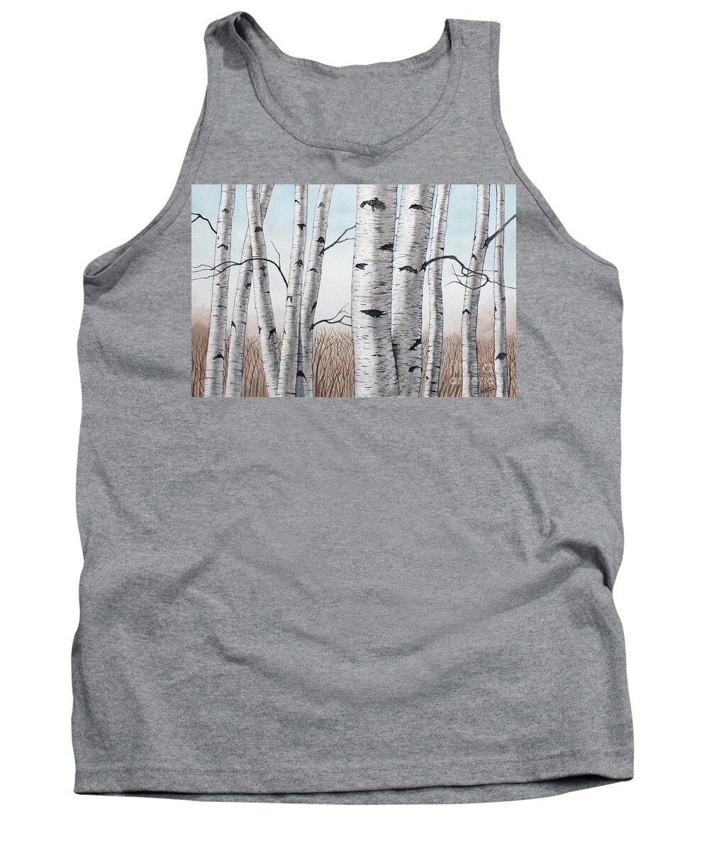 Birch Tank Top featuring the painting Birch Trees in Early Winter in Watercolor by Christopher Shellhammer