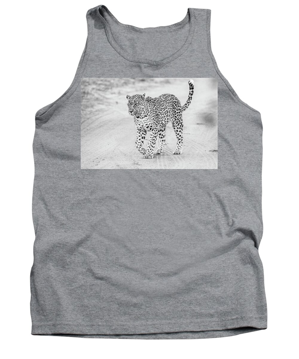 Leopard Tank Top featuring the photograph Black and white leopard walking on a road by Mark Hunter