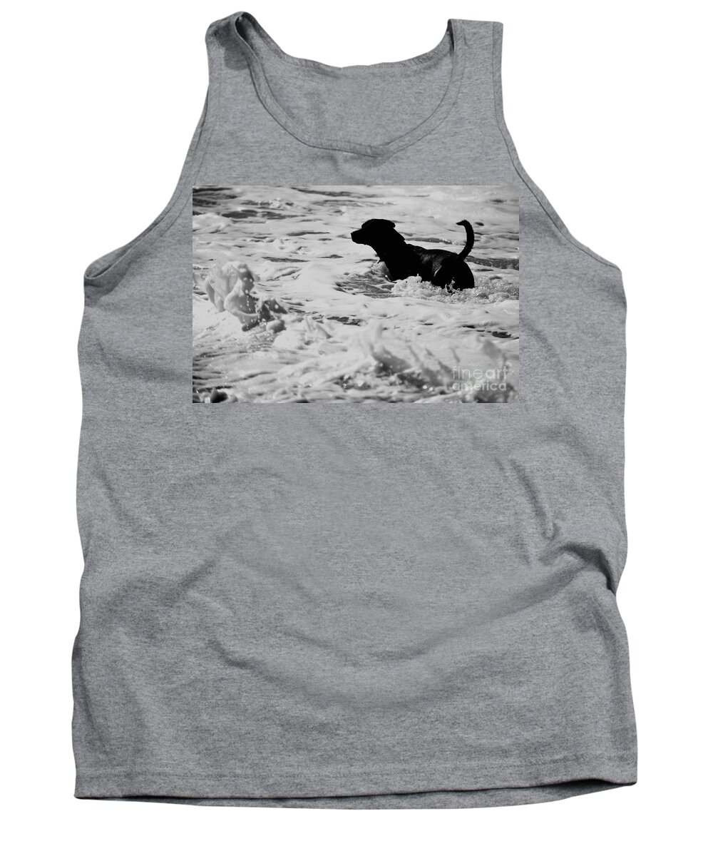 Dog Tank Top featuring the photograph Surfer's Black Dog by Debra Banks