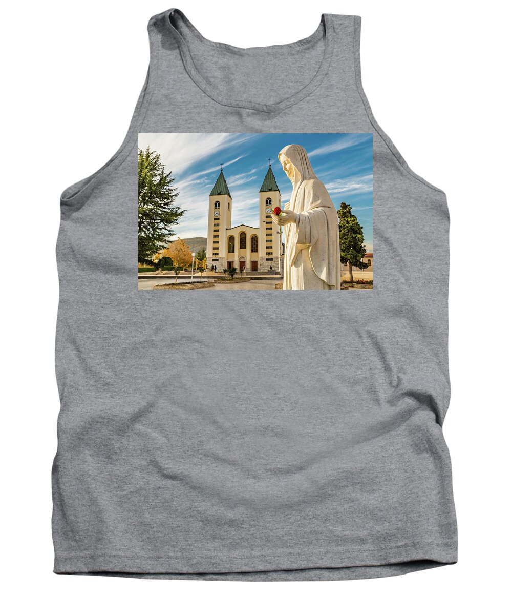Apparition Tank Top featuring the photograph Blessed Virgin Mary with red rose by Vivida Photo PC