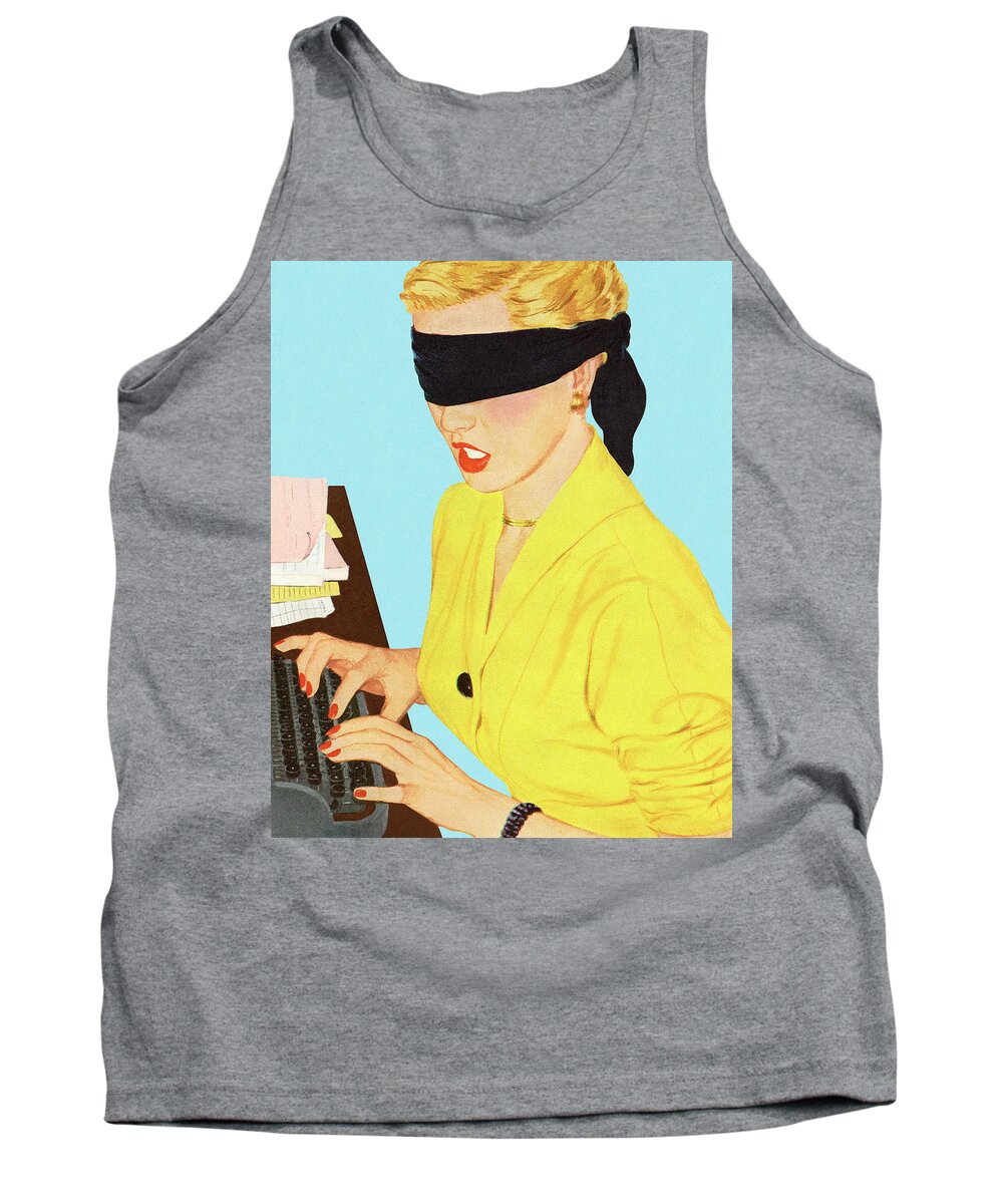Adult Tank Top featuring the drawing Blindfolded Woman at a Typewriter by CSA Images