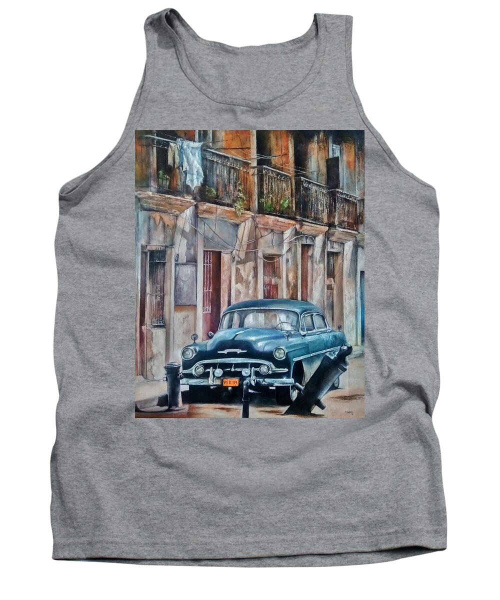 Car Tank Top featuring the painting Blue car-Old Havana by Tomas Castano