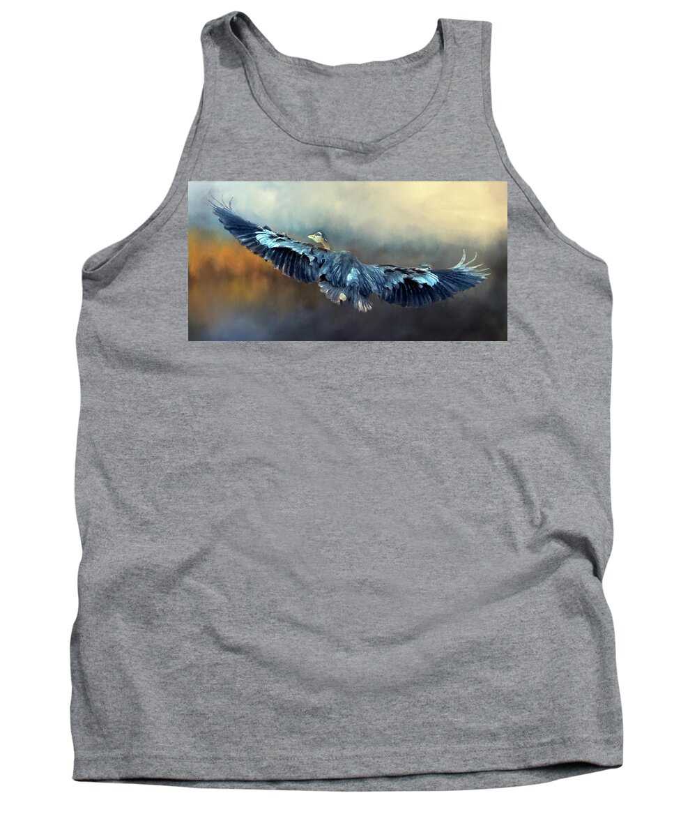 Blue Heron Tank Top featuring the painting Blue Heron Coming Home by Jeanette Mahoney