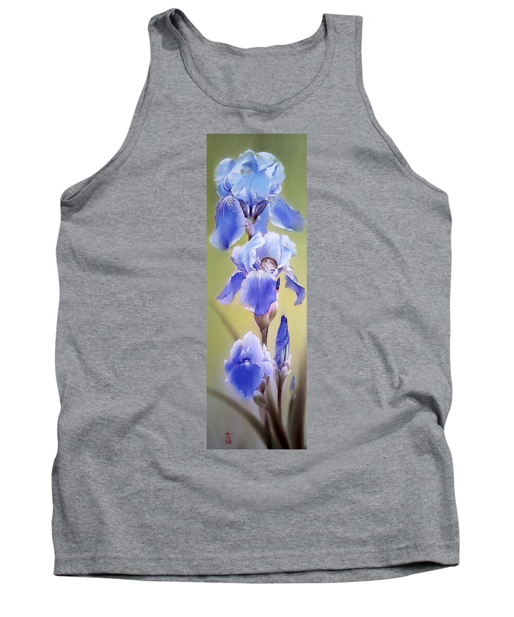 Russian Artists New Wave Tank Top featuring the painting Blue Irises with Sleeping Baby Mouse by Alina Oseeva