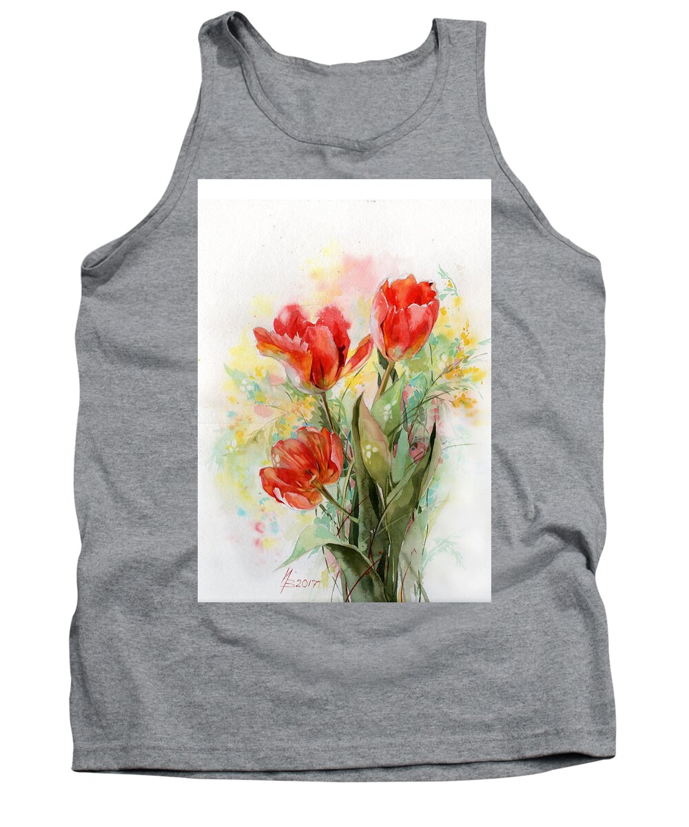 Russian Artists New Wave Tank Top featuring the painting Bouquet of Red Tulips by Ina Petrashkevich