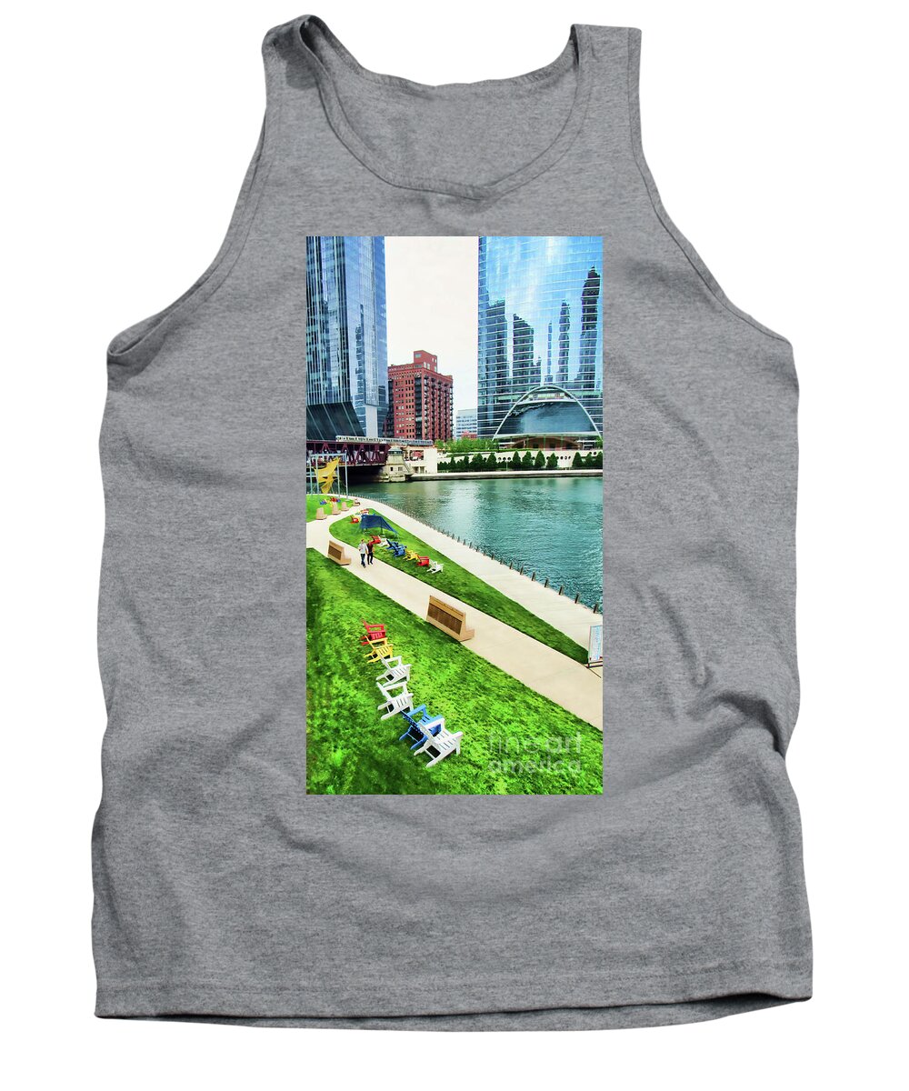 Chicago Tank Top featuring the photograph Chicago Riverwalk along the Chicago River by Roberta Byram