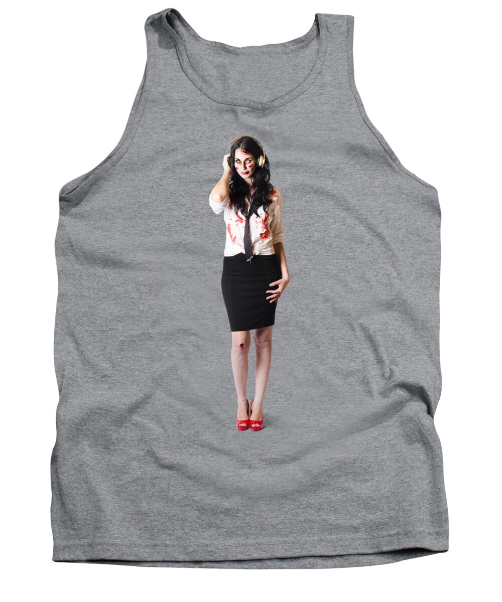 Metal Tank Top featuring the photograph Creepy female zombie with headphones by Jorgo Photography