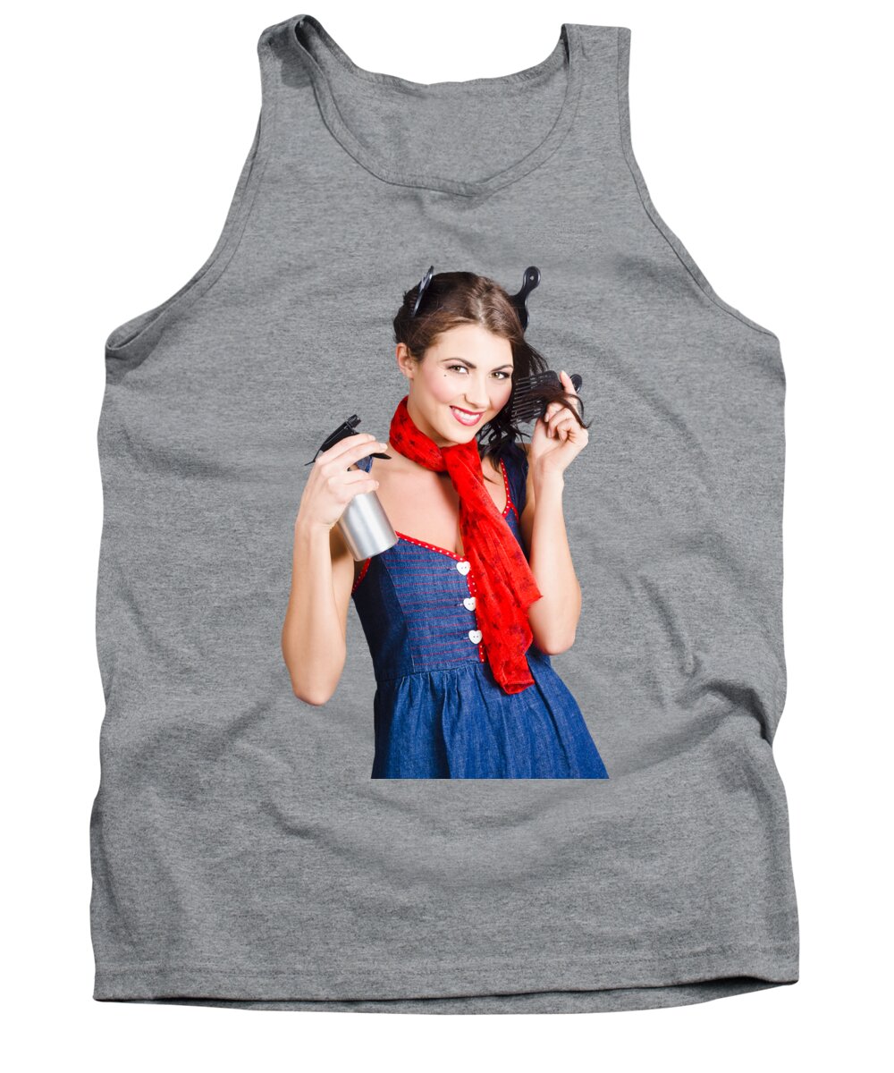 Hair Tank Top featuring the photograph Cute girl model styling a hairdo. Pinup your hair by Jorgo Photography