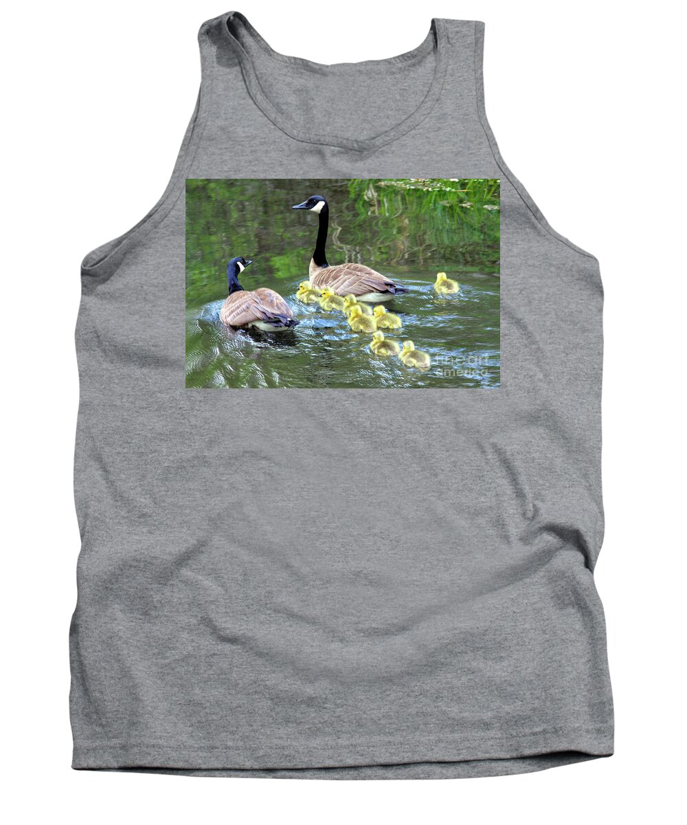 Branta Canadensis Tank Top featuring the photograph family of Canada geese in water swimming with eight goslings by Robert C Paulson Jr