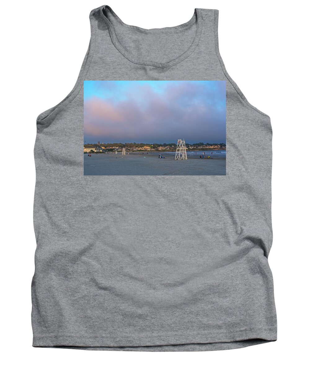 Newport Tank Top featuring the photograph First Beach Sunset Newport RI Rhode Island Red Sky Lifeguard Chairs by Toby McGuire