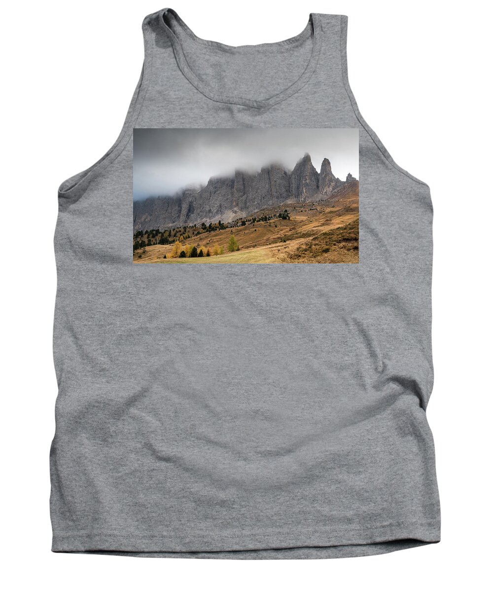Mood Tank Top featuring the photograph Foggy mountain landscape of the picturesque Dolomites mountains by Michalakis Ppalis