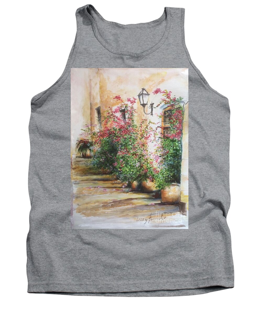 Baleares Tank Top featuring the painting Front door spectacle, Steps in the Old Town, Mallorca Balearics Spain by Lizzy Forrester