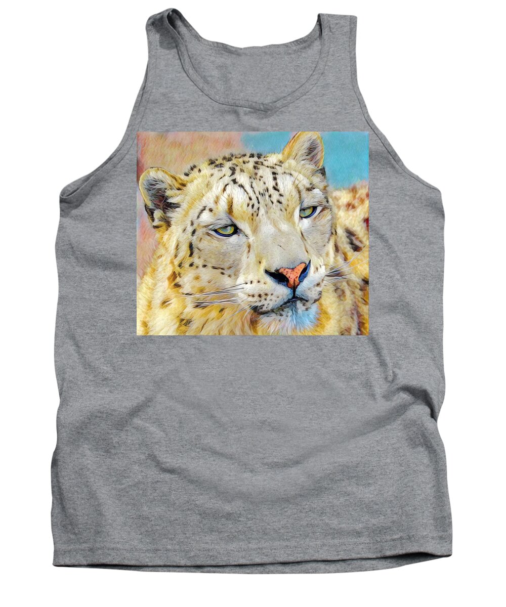 Snow Leopard Tank Top featuring the mixed media Gazing Snow Leopard by Susan Rydberg