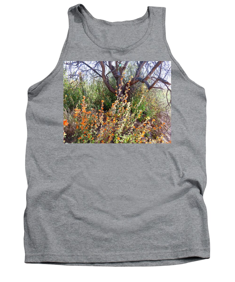 Arizona Tank Top featuring the photograph Globemallows and Mesquite by Judy Kennedy