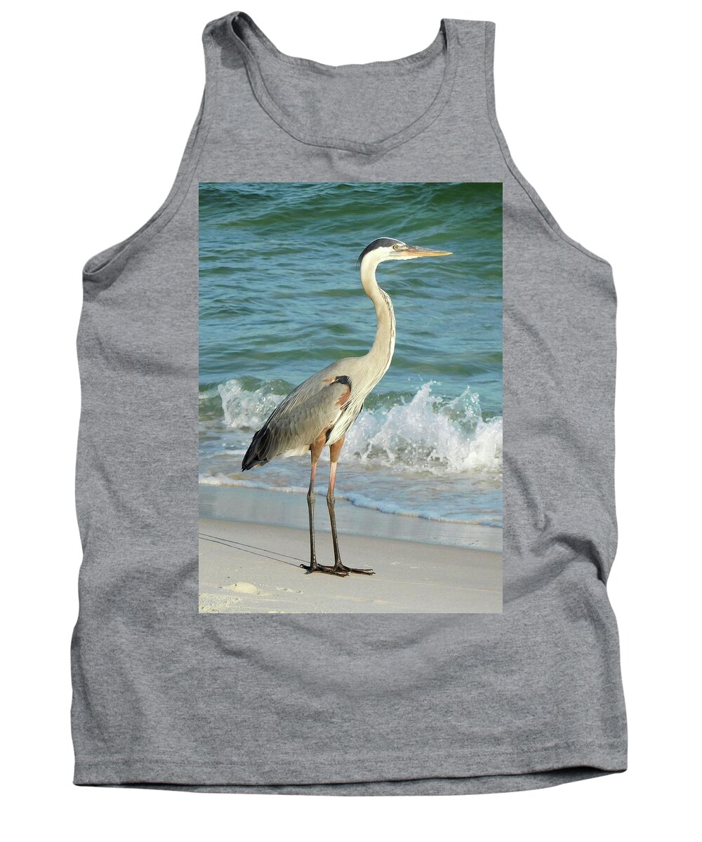 Birds Tank Top featuring the photograph Great Blue Heron in the Surf by Karen Stansberry