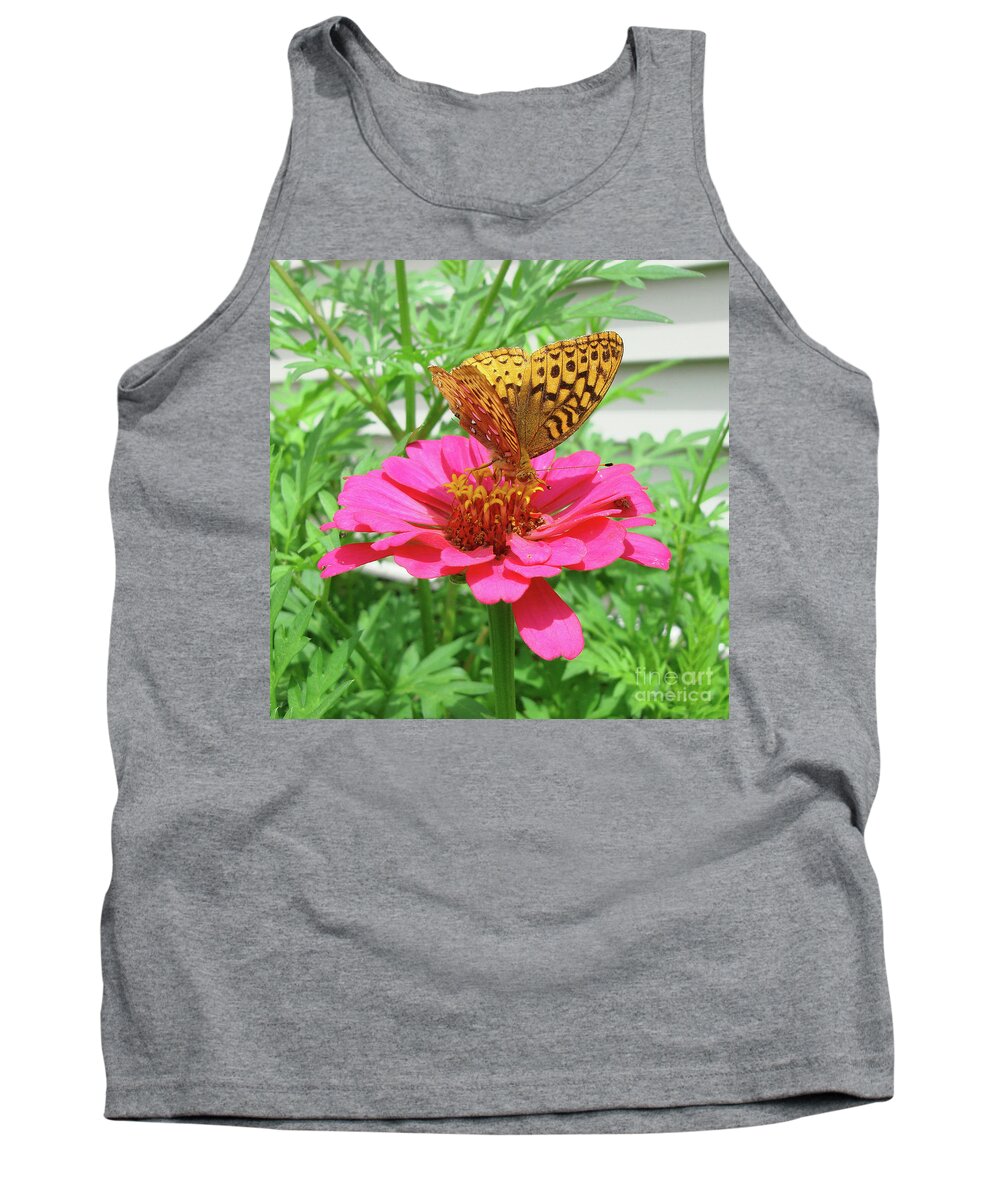 Great Spangled Fritillary Tank Top featuring the photograph Great Spangled Fritillary and Zinnia 1 by Amy E Fraser