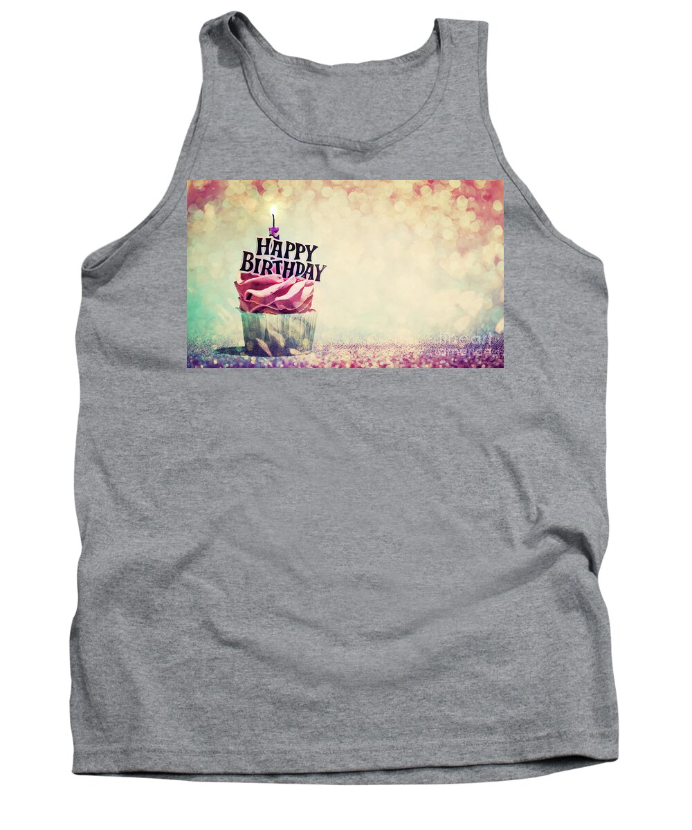 Cake Tank Top featuring the photograph Happy birthday cupcake on glitter colorful background by Michal Bednarek