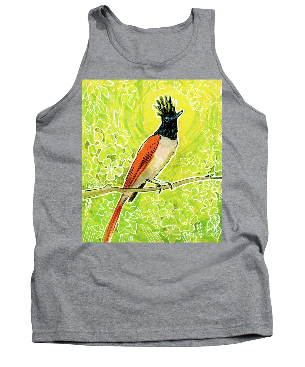 Nature Tank Top featuring the mixed media Indian Paradise Flycatcher Tropical Bird by Julia Khoroshikh