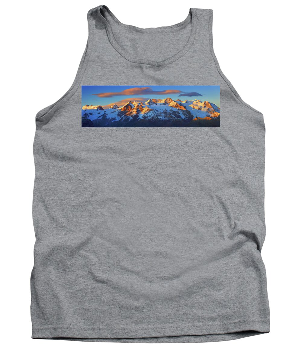 Estock Tank Top featuring the digital art Italy, Aosta Valley, Valle D'ayas, Antagnod, Alps, Sunset On The Monte Rosa Group From The Summit Of Monte Zerbion, Eastern Breithorn, Roccia Nera, Pollux, Castor, Lyskamm And Monte Rosa by Davide Carlo Cenadelli