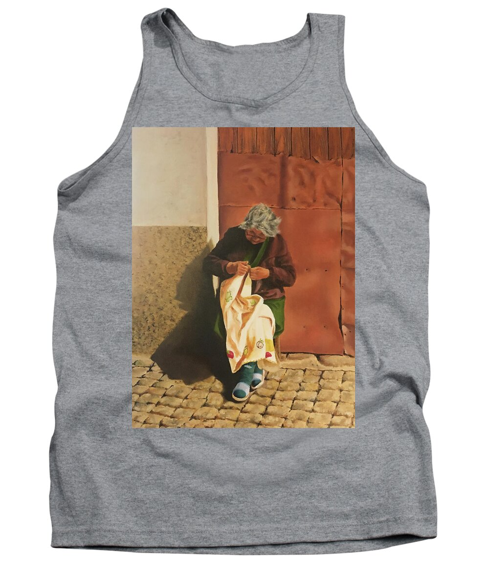 Woman Tank Top featuring the painting Knitting in the Sun by Richard Ginnett
