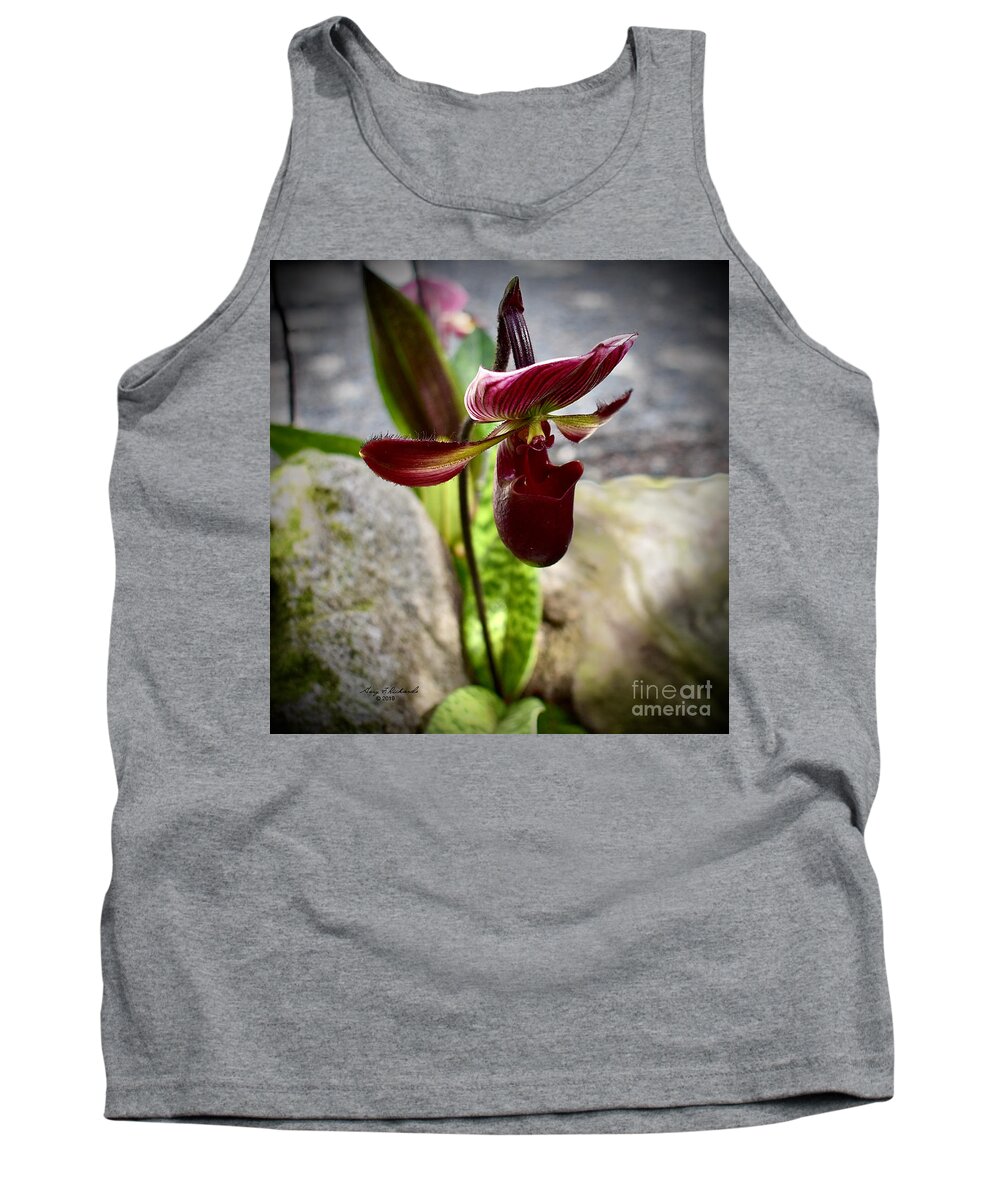 Square Tank Top featuring the photograph Lady Slipper Orchid - black 2 of 2 by Gary F Richards