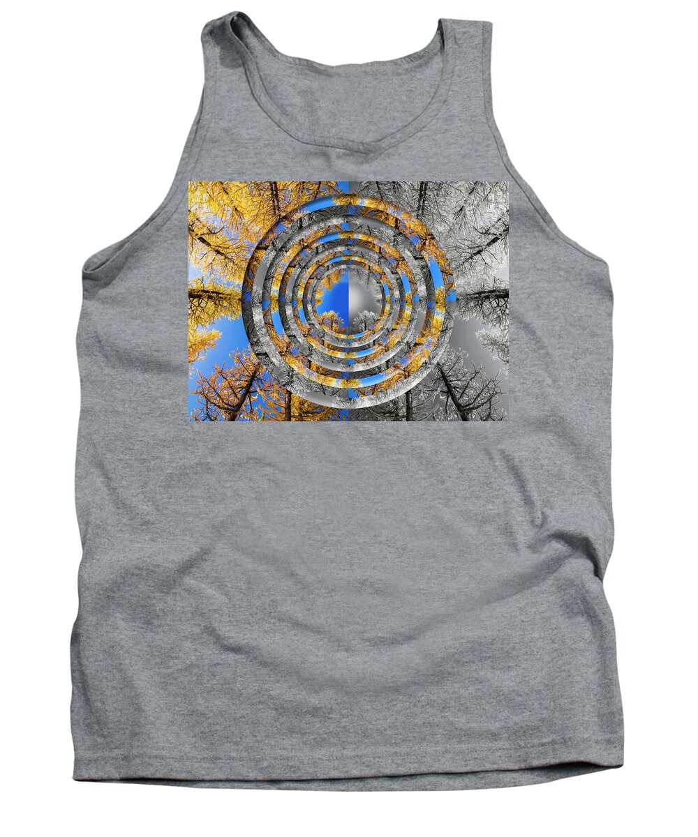 Evergreen Tank Top featuring the digital art Larches Color to Black and White Reflection Circles by Pelo Blanco Photo