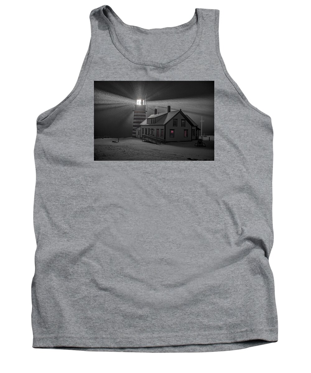 Late Night Snow Squall At West Quoddy Head Lighthouse Tank Top featuring the photograph Late Night Snow Squall at West Quoddy Head Lighthouse by Marty Saccone