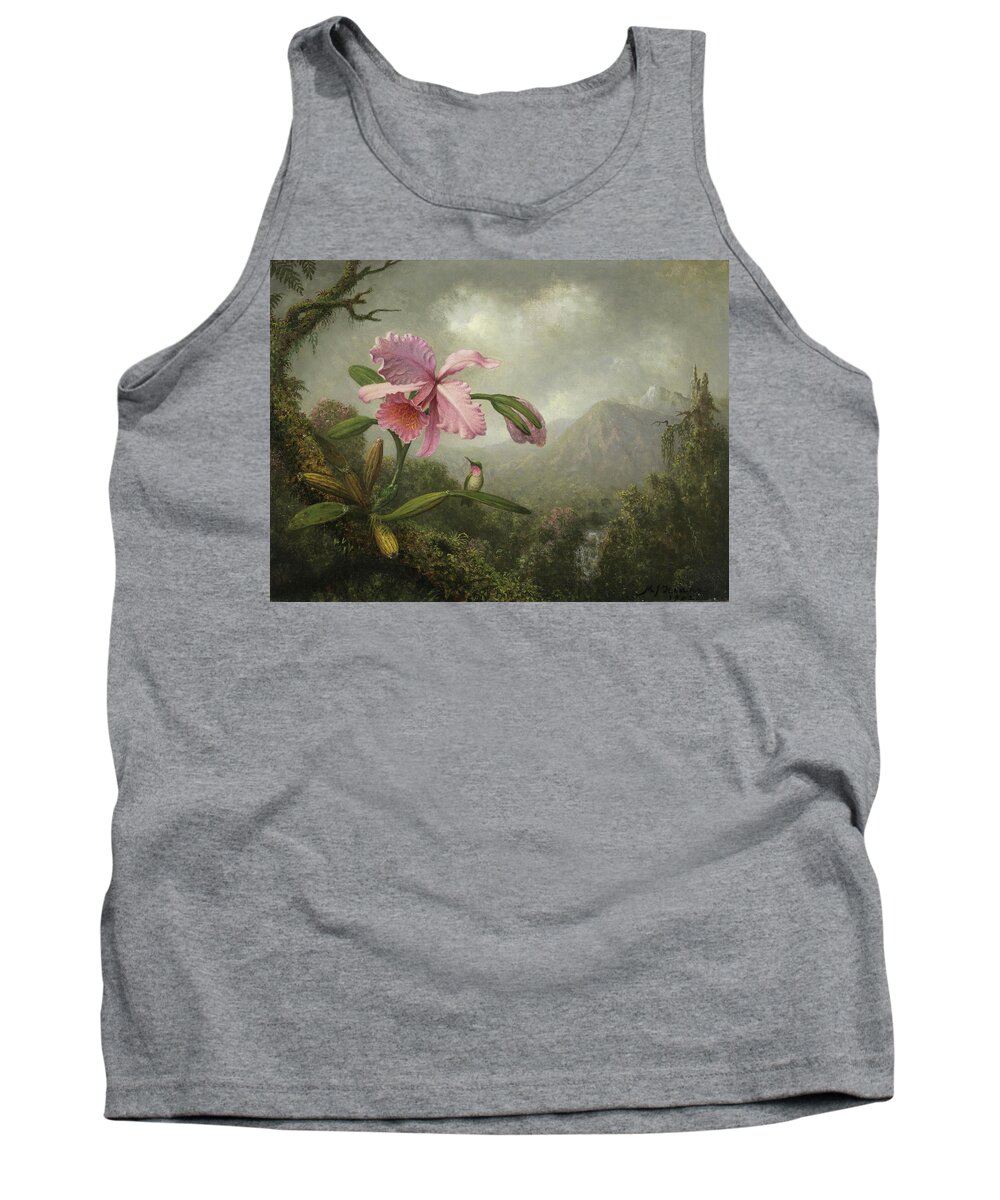 Canvas Tank Top featuring the painting Martin Johnson Heade -Lumberville, 1819-St. Augustine, 1904-. Orchid and Hummingbird near a Water... by Martin Johnson Heade -1819-1904-