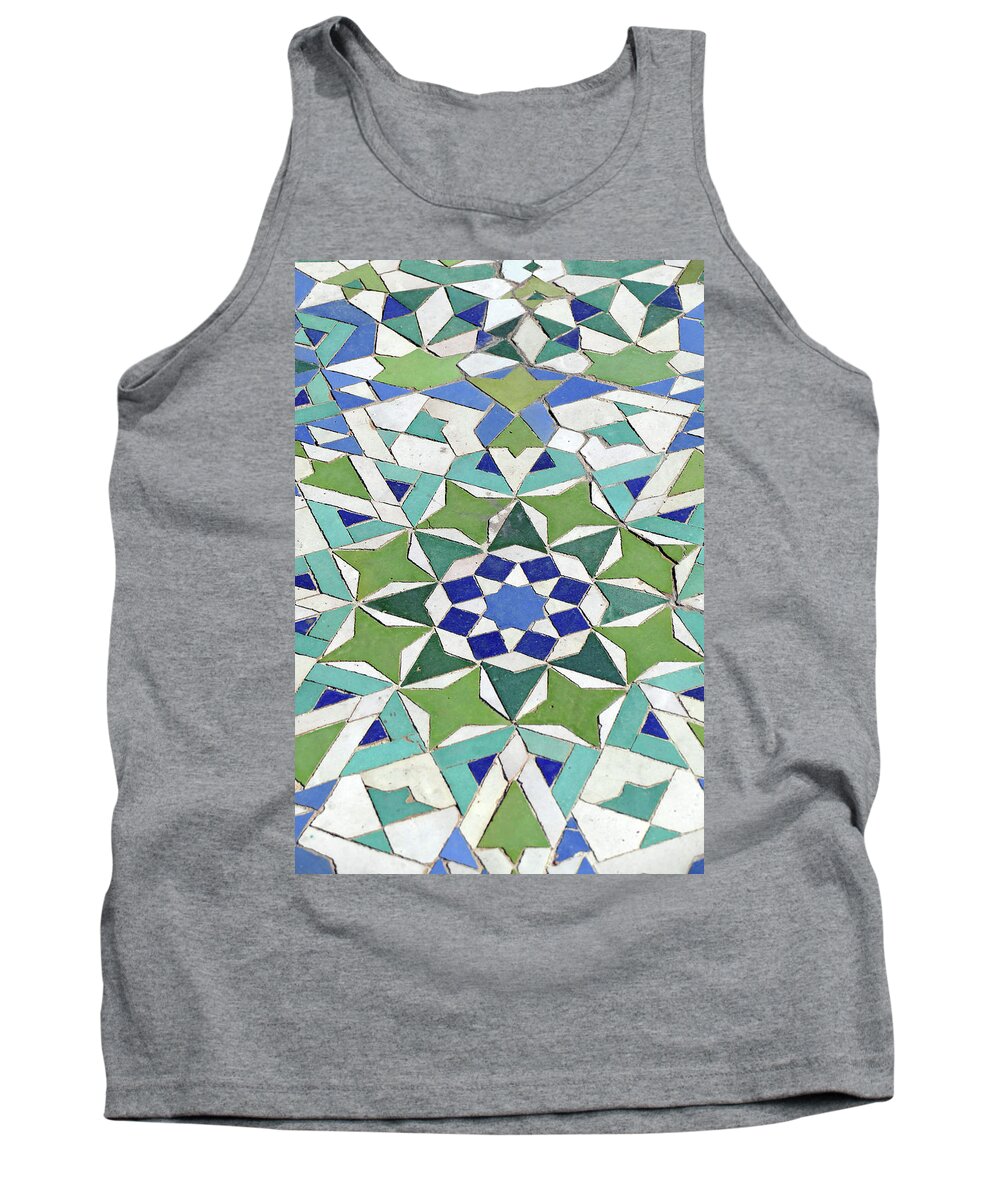 Arabic Tank Top featuring the photograph Mosaic exterior decorations of the Hassan II mosque by Steve Estvanik