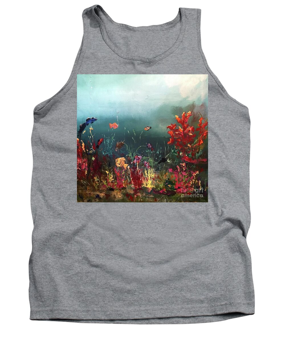 Ocean Beauty Life Under The Sea Fish Salt Water Weeds Colors Blue Fish Tank Wave Red Deep Painting Acrylic On Canvas Print Seascape Happy Tank Top featuring the painting Ocean Beauty by Miroslaw Chelchowski