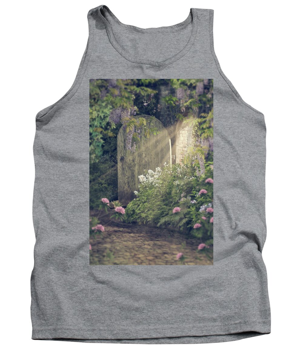 Beautiful Tank Top featuring the photograph Old Floral Cottage Garden With Old Door Sunlight And Flowers by Ethiriel Photography