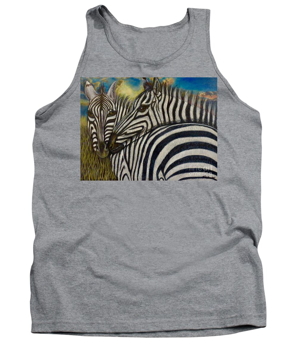 Nature Scene Zebra Paintings Two Zebras With Broad Black And White Stripes Nuzzling Each Other Around The Neck Side And Backside Views With Sunrise In Background And Grassy Savanna Animal Paintings Acrylic Paintings Tank Top featuring the painting Our Stripes May Be Different But Our Hearts Beat As One by Kimberlee Baxter
