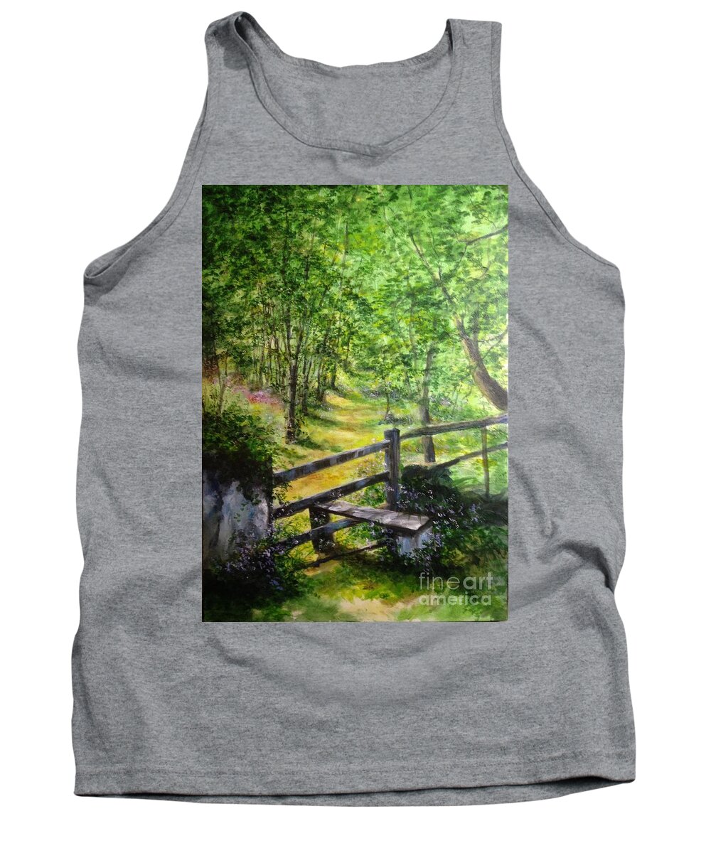 Bluebells Tank Top featuring the painting Path way through the countryside England by Lizzy Forrester