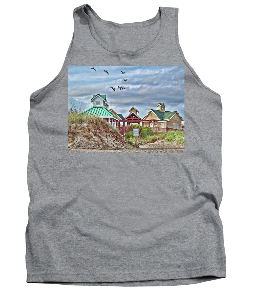 Beach Tank Top featuring the photograph Pelicans over St. James Beach Club by Don Margulis