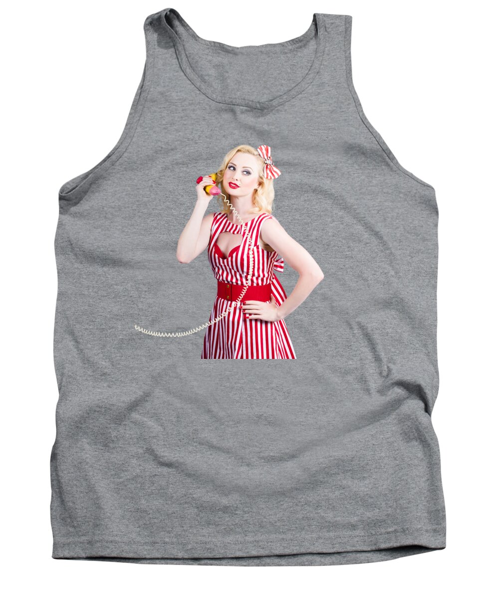 Pinup Tank Top featuring the photograph Pin up woman ordering organic food on banana phone by Jorgo Photography