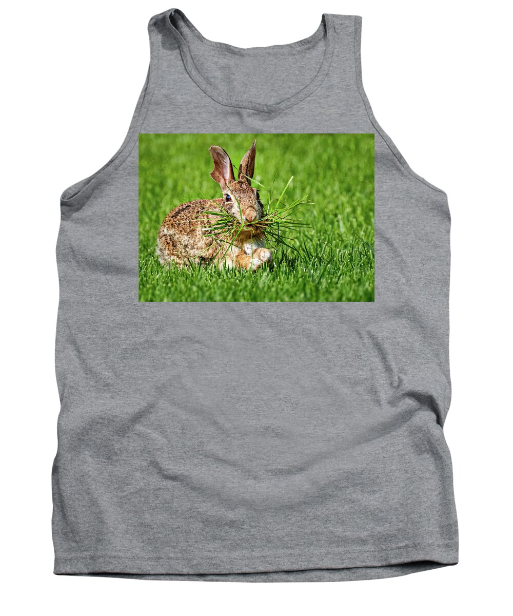 Rabbit Tank Top featuring the photograph Rabbit with Grass by Allin Sorenson