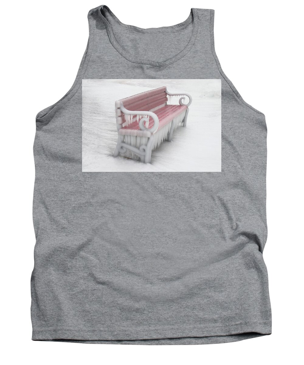 Red Bench Tank Top featuring the photograph Red Bench Encased in Ice by David T Wilkinson
