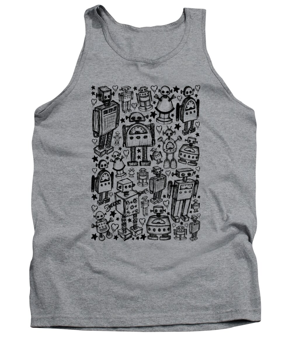 Robot Tank Top featuring the drawing Robot Crowd Graphic by Roseanne Jones