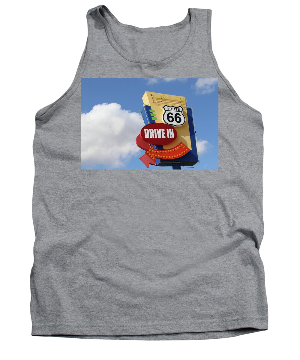 Route 66 Tank Top featuring the photograph Route 66 Drive-In Sign by Gary Gunderson