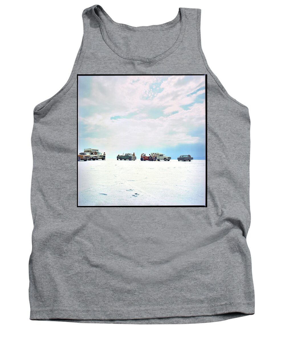 Bonneville Tank Top featuring the photograph Sadd Teague and Bentley roadster on the flats by Andy Romanoff