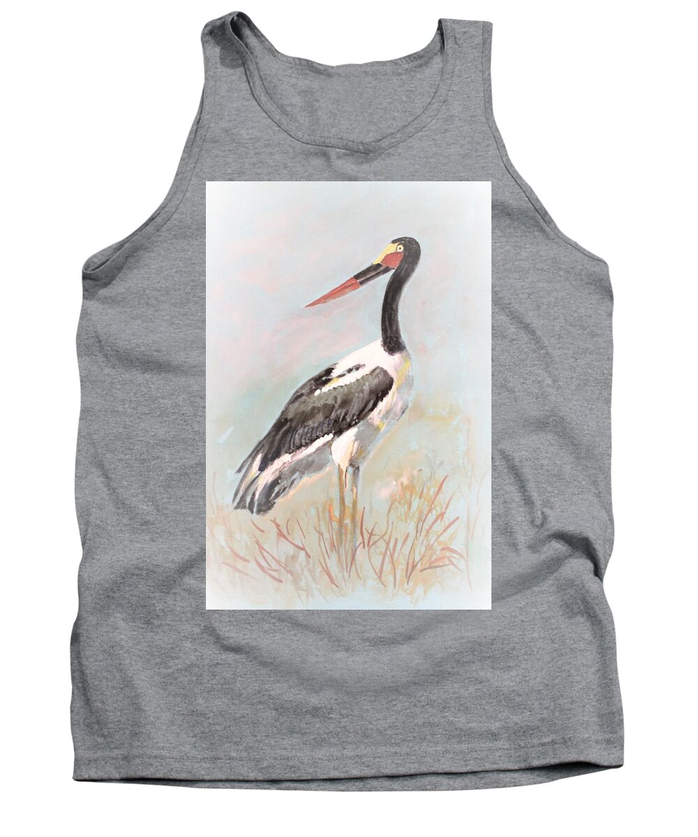 Bird Tank Top featuring the painting Saddled billed stork by Khalid Saeed