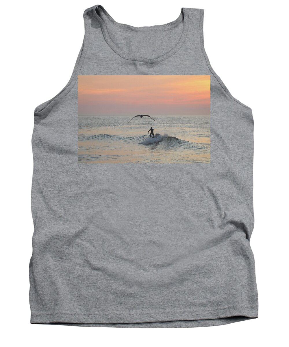 Seagull Tank Top featuring the photograph Seagull and a Surfer by Robert Banach