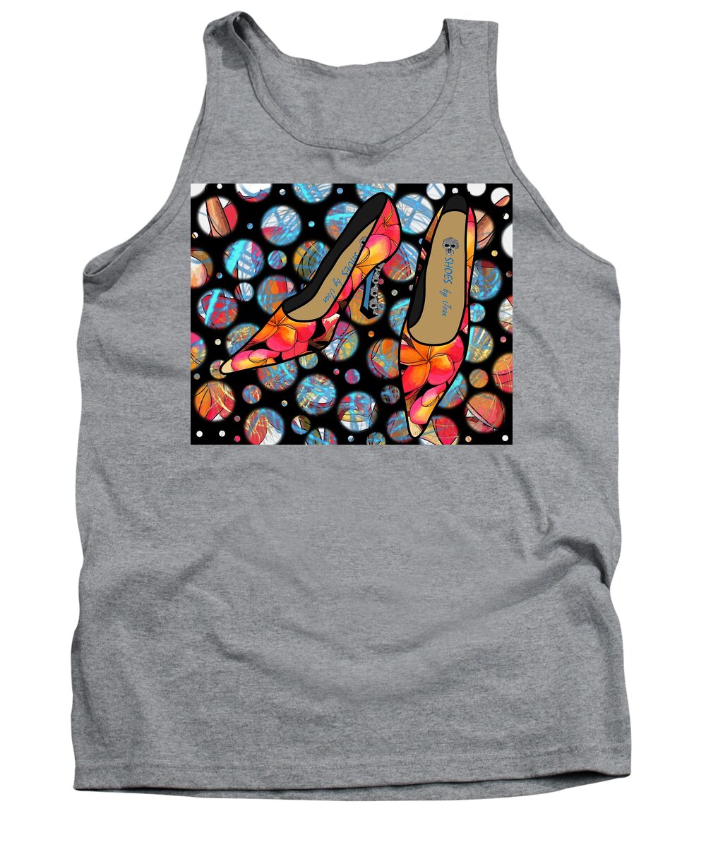 Fashion Tank Top featuring the digital art Shoes by Joan - Frangipani Pattern Pumps by Joan Stratton